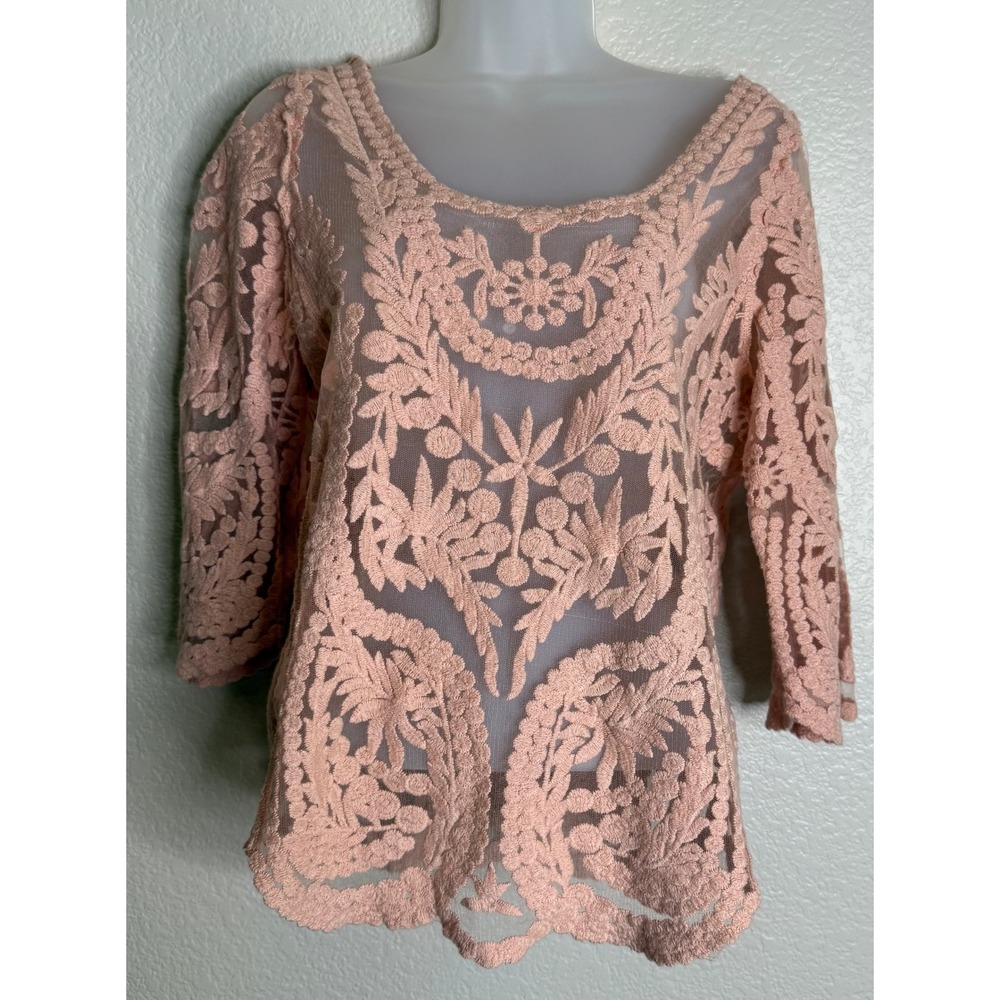 My Emblem Womens Large Top Peach Pink Floral Embroidered Sheer‎ Mesh Lace Boho